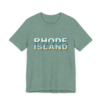 Green Rhode Island Beach Vibes Unisex Tee Shirt with stylish text design