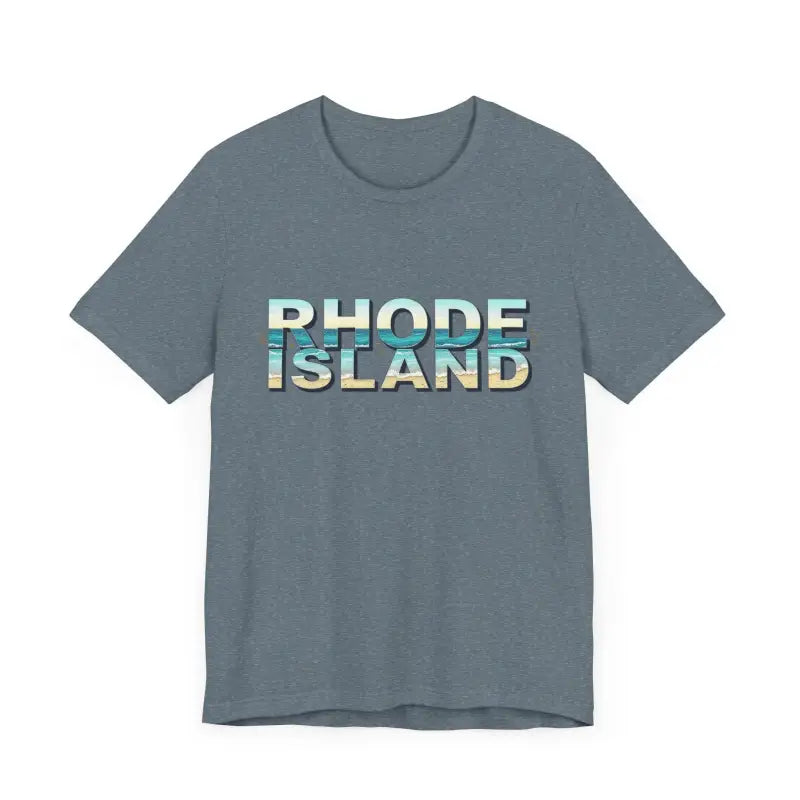 Gray t-shirt featuring Rhode Island text from the Rhode Island Beach Vibes Unisex Tee Shirt