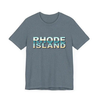 Gray t-shirt featuring Rhode Island text from the Rhode Island Beach Vibes Unisex Tee Shirt