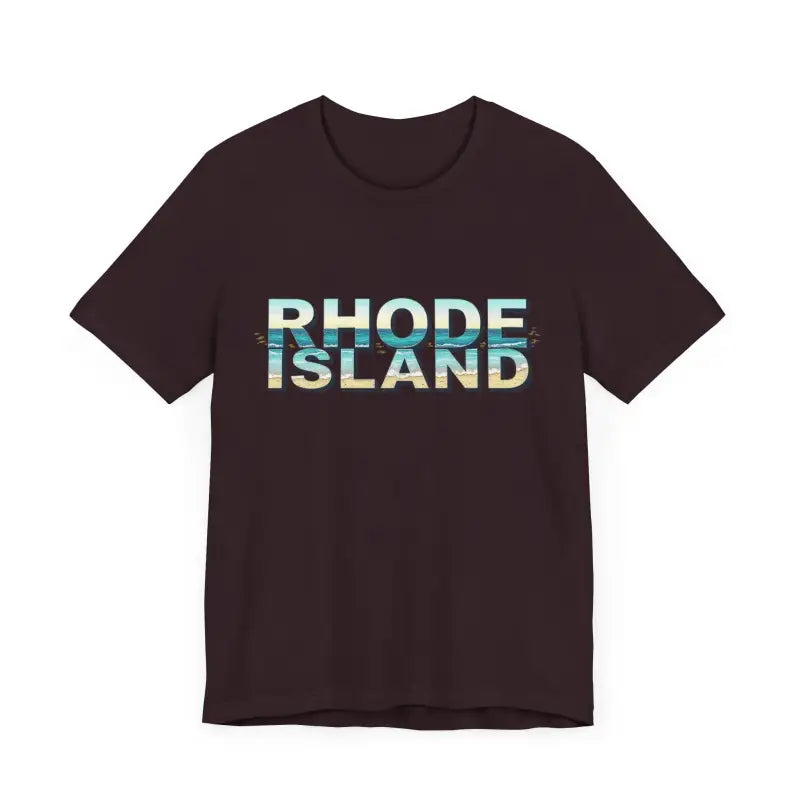 Dark brown Rhode Island Beach Vibes unisex tee shirt with bold text design