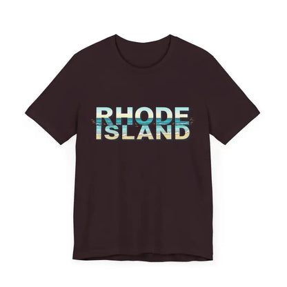 Dark brown Rhode Island Beach Vibes unisex tee shirt with bold text design