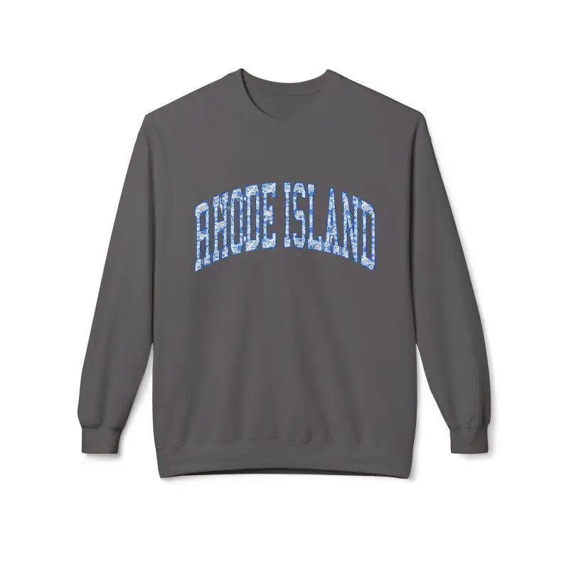 Charcoal gray crewneck sweatshirt with Rhode Island text in light blue and white distressed pattern