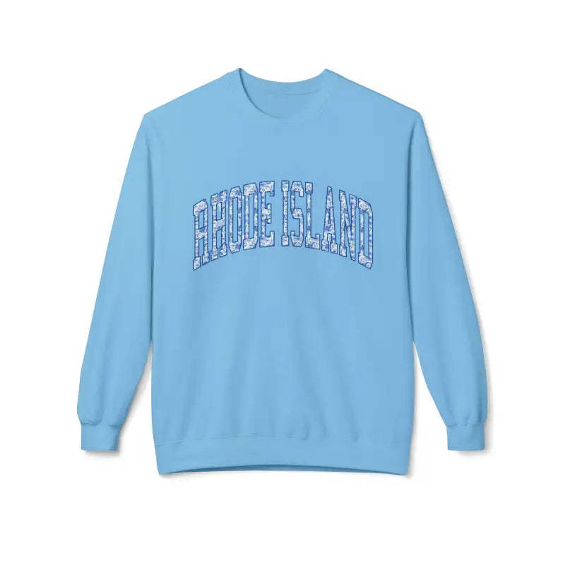 Light blue Rhode Island floral text crewneck sweatshirt in beige and white