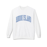 White Rhode Island crewneck sweatshirt with blue and gray text design