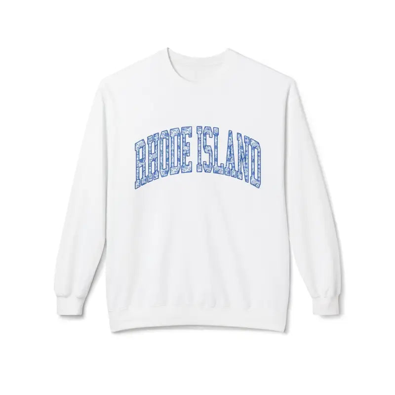 White Rhode Island crewneck sweatshirt with blue and gray text design