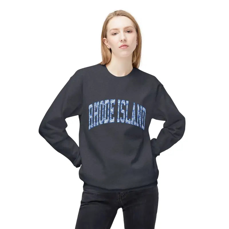 Black long-sleeved Rhode Island blue and white text cotton crewneck sweatshirt