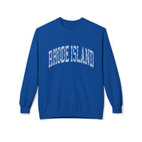 Royal blue crewneck sweatshirt with distressed white Rhode Island text