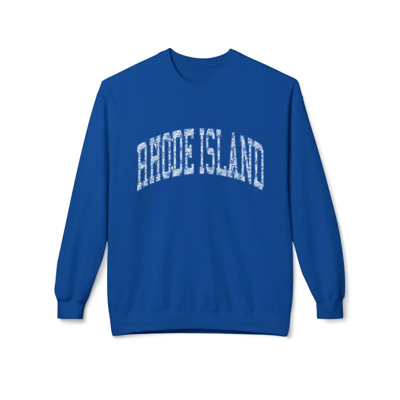 Royal blue crewneck sweatshirt with distressed white Rhode Island text