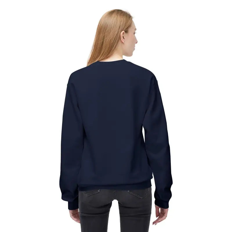 Navy blue fleece crewneck sweatshirt with ribbed cuffs and hem