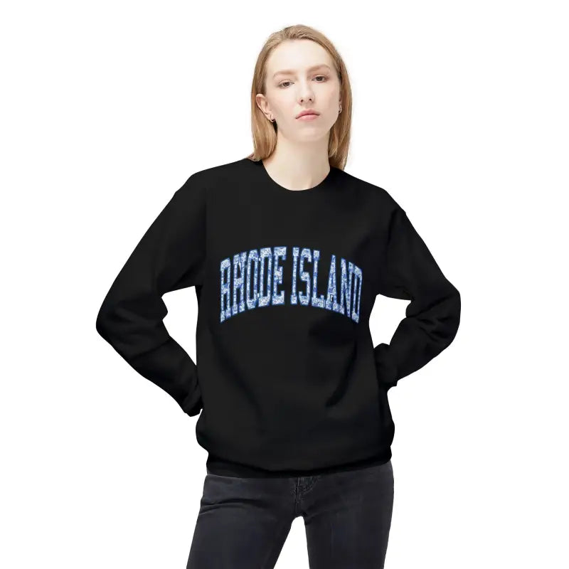 Black Rhode Island blue and white text crewneck sweatshirt