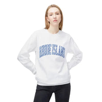 White Rhode Island crewneck sweatshirt in blue and gray text design