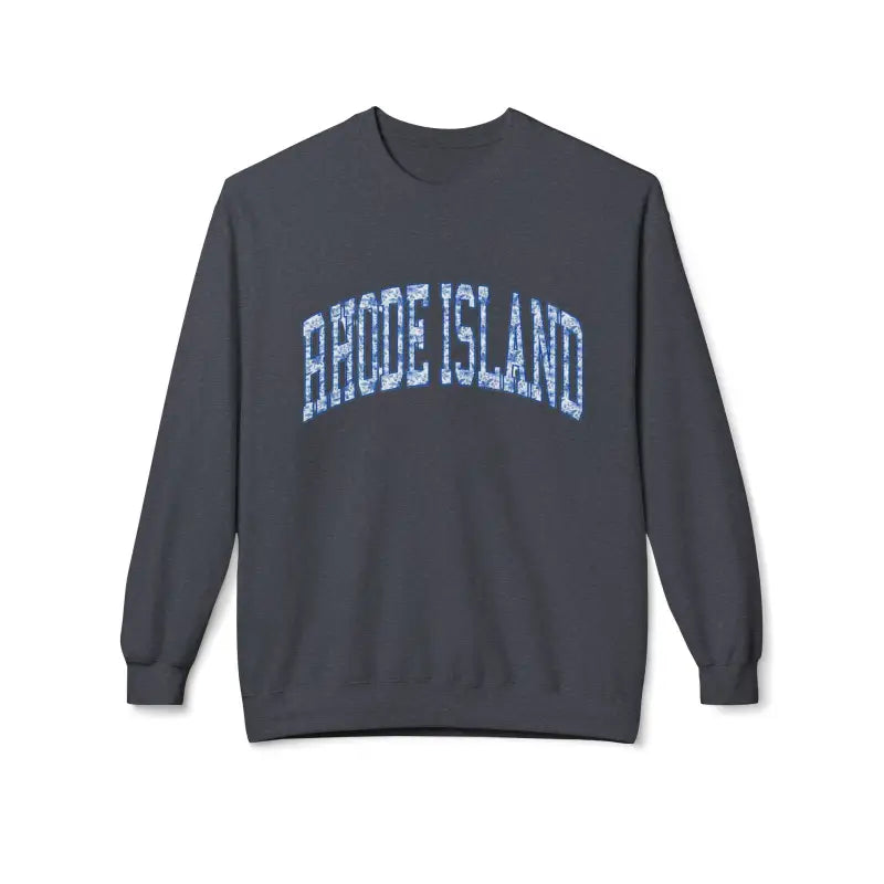 Charcoal gray crewneck sweatshirt with Rhode Island in light blue glitter