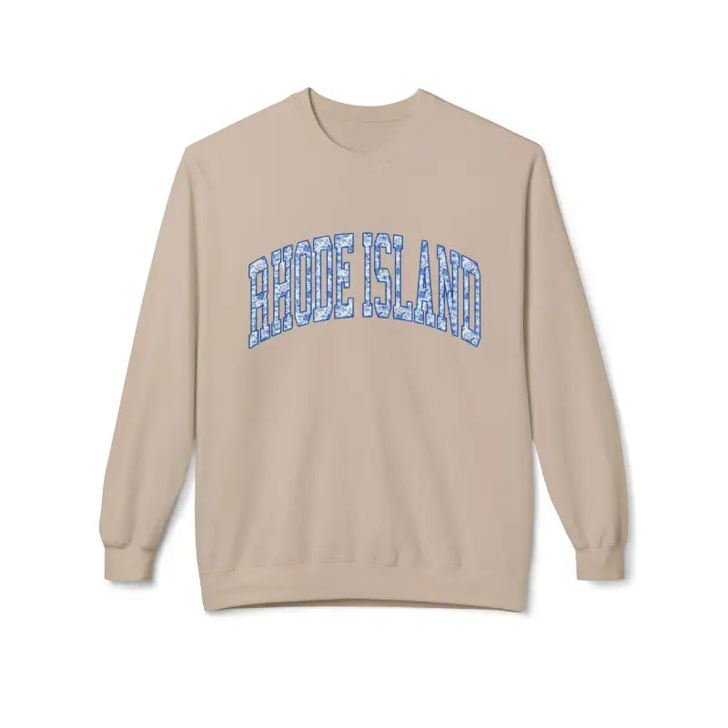 Beige crewneck sweatshirt with Rhode Island blue and white text design