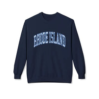 Navy blue Rhode Island crewneck sweatshirt with white and light blue text