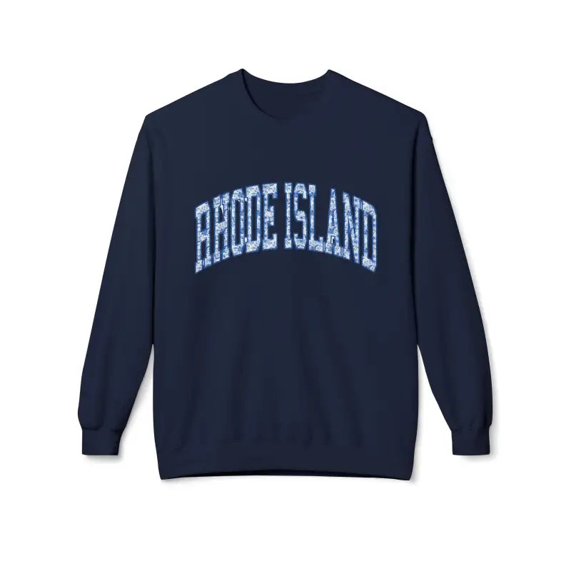 Navy blue Rhode Island crewneck sweatshirt with white and light blue text
