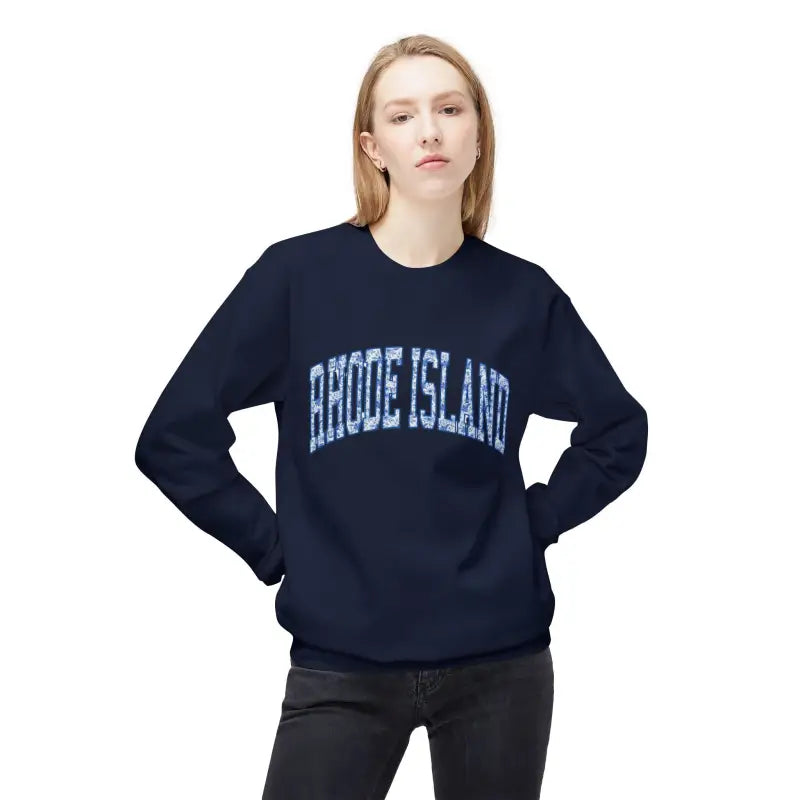 Navy blue Rhode Island crewneck sweatshirt with white text design