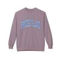 Lavender crewneck sweatshirt with Rhode Island in blue and white design