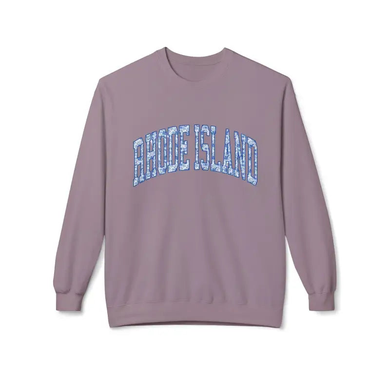 Lavender crewneck sweatshirt with Rhode Island in blue and white design