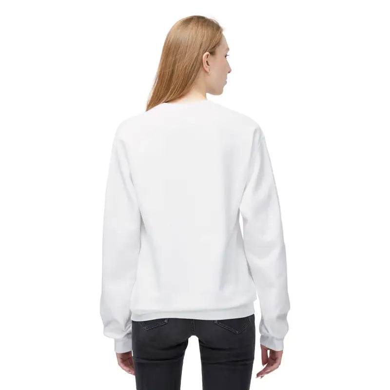 White fleece crewneck sweatshirt with ribbed cuffs and hem