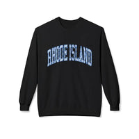 Black Rhode Island sweatshirt with blue white arch text