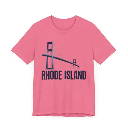Pink t-shirt featuring a Rhode Island bridge graphic, suitable for unisex wear
