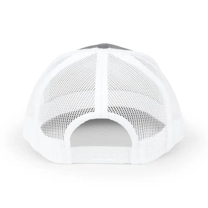 Gray and white mesh baseball cap featuring Rhode Island embroidery, snapback trucker style