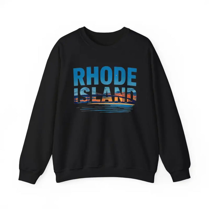 Black Rhode Island Beach Lovers sweatshirt with blue bridge graphic, front view