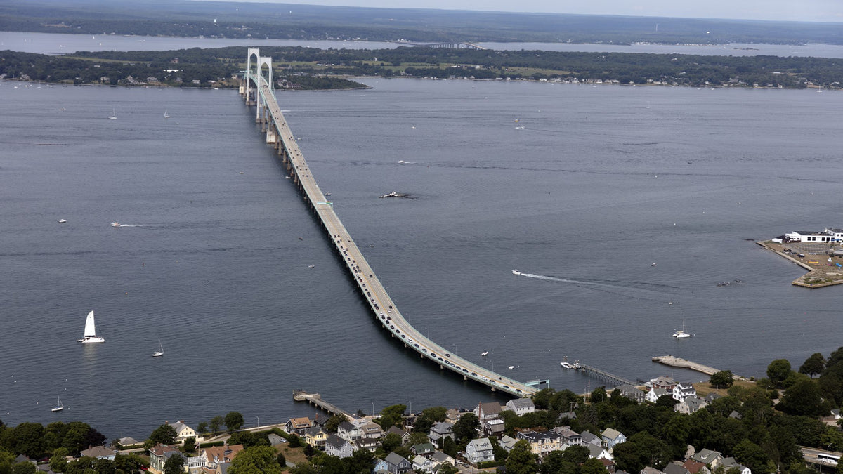 Aerial view of the Claiborne Pell Bridge crossing Narragansett Bay, Rhode Island.