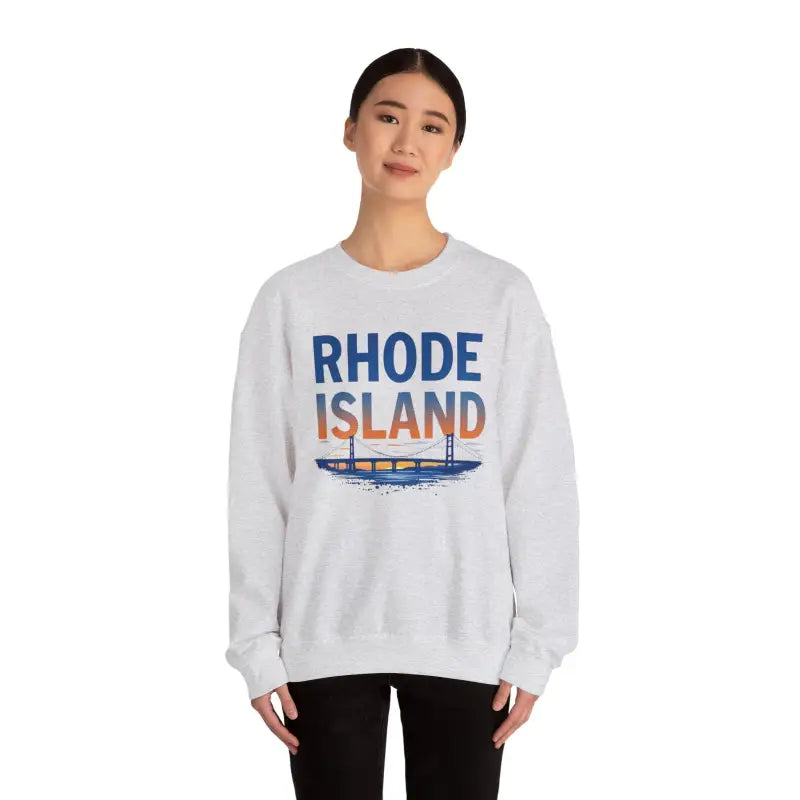White sweatshirt featuring Rhode Island graphic from the Rhode Island Sunset Crewneck collection