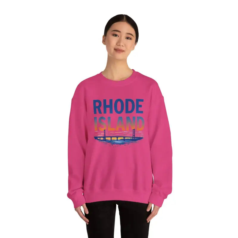 Pink Rhode Island sweatshirt featured in the Rhode Island Sunset Crewneck design