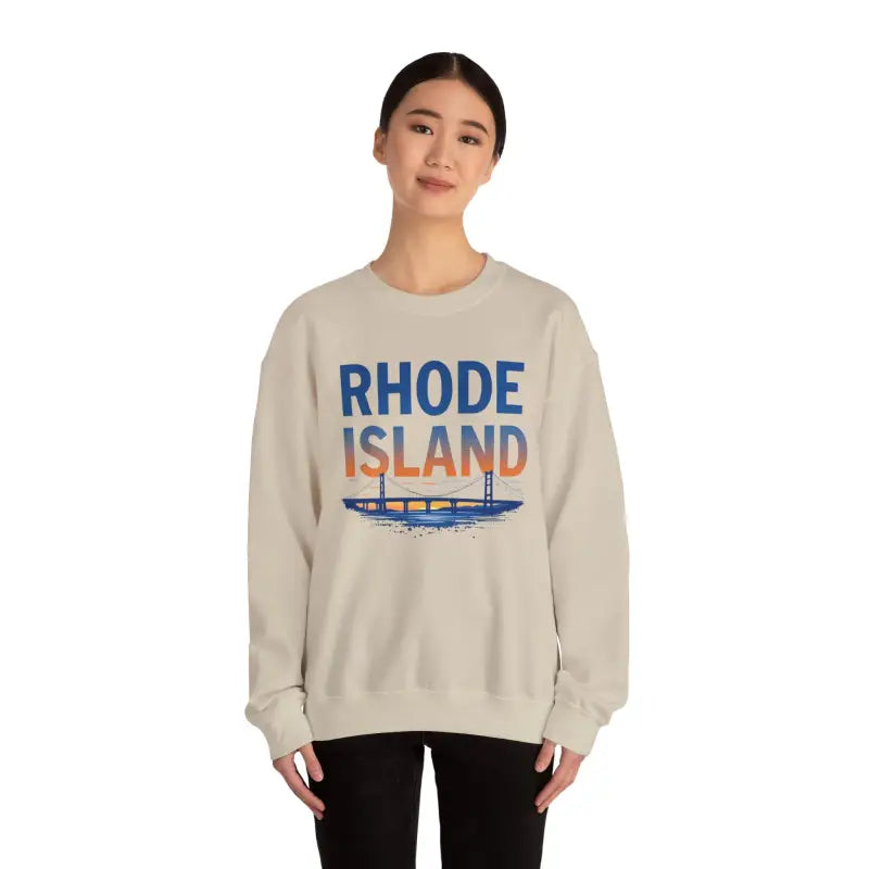 Beige sweatshirt featuring Rhode Island graphic, part of the Rhode Island Sunset Crewneck collection