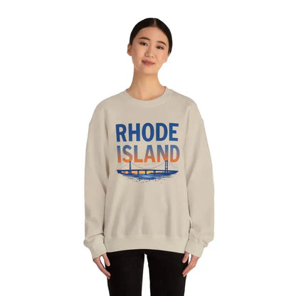 Beige sweatshirt featuring Rhode Island graphic, part of the Rhode Island Sunset Crewneck collection