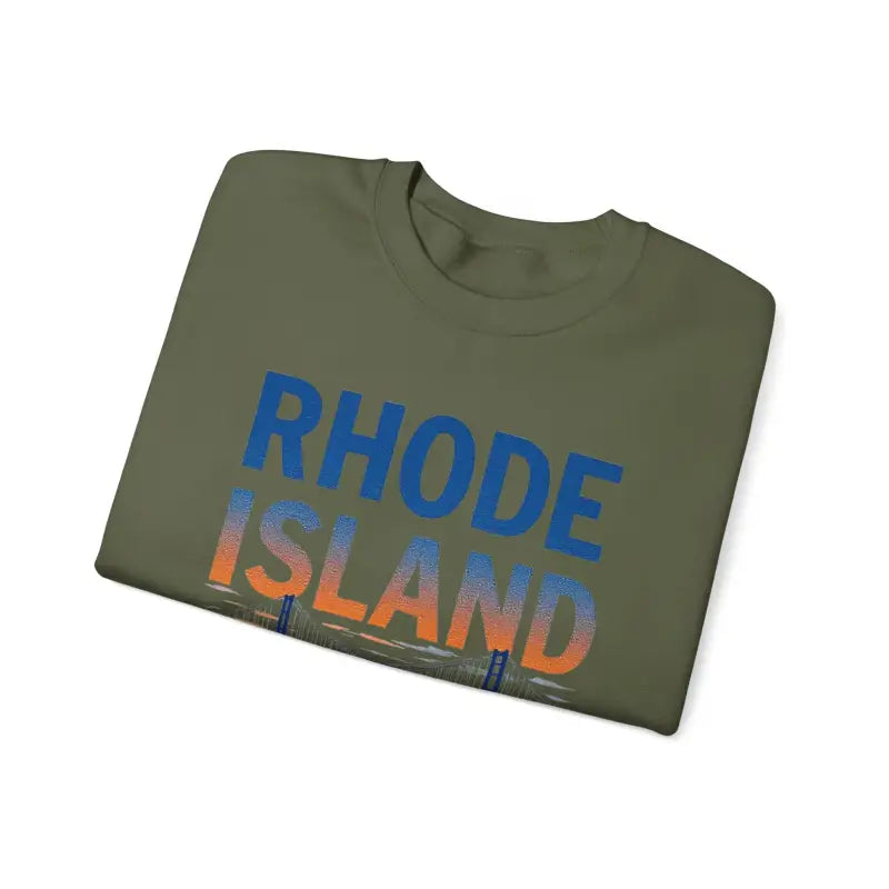 Folded Rhode Island t-shirt next to Rhode Island Sunset Crewneck Sweatshirt in Black, White, and Pink
