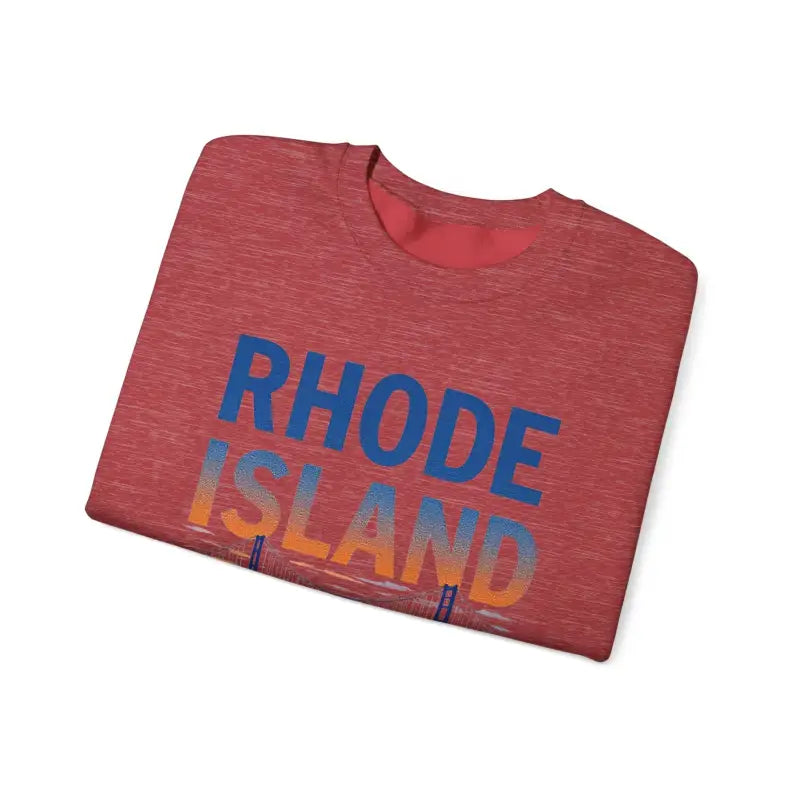 Folded red t-shirt featured with Rhode Island Sunset Crewneck Sweatshirt in Black, White, Pink