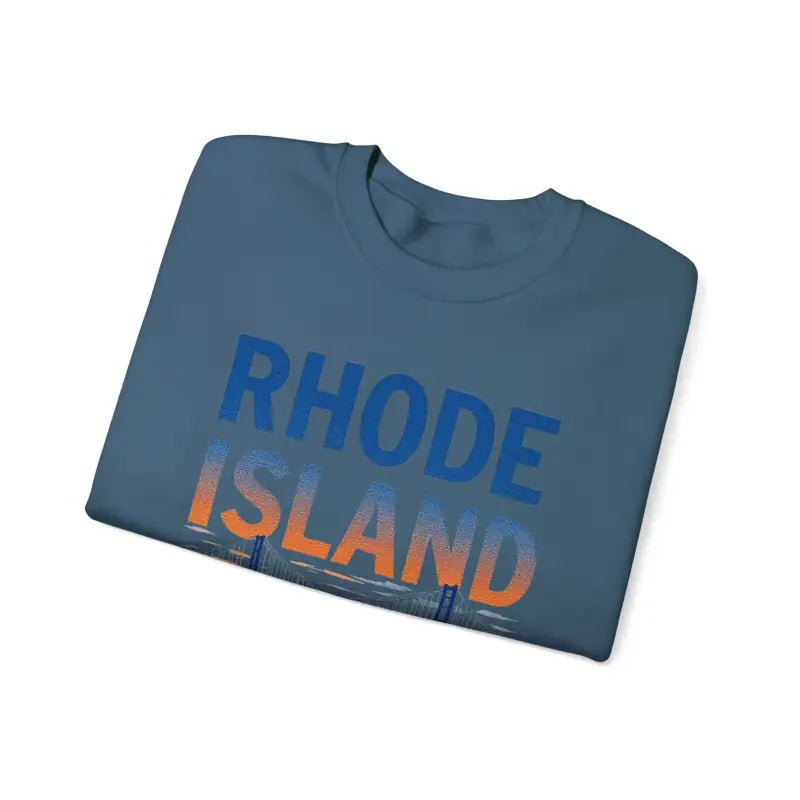 Folded blue t-shirt part of Rhode Island Sunset Crewneck Sweatshirt collection