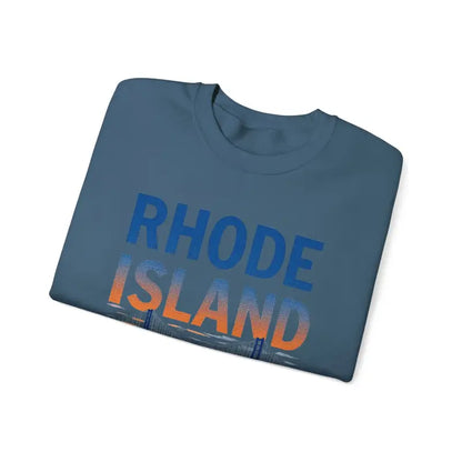 Folded blue t-shirt part of Rhode Island Sunset Crewneck Sweatshirt collection