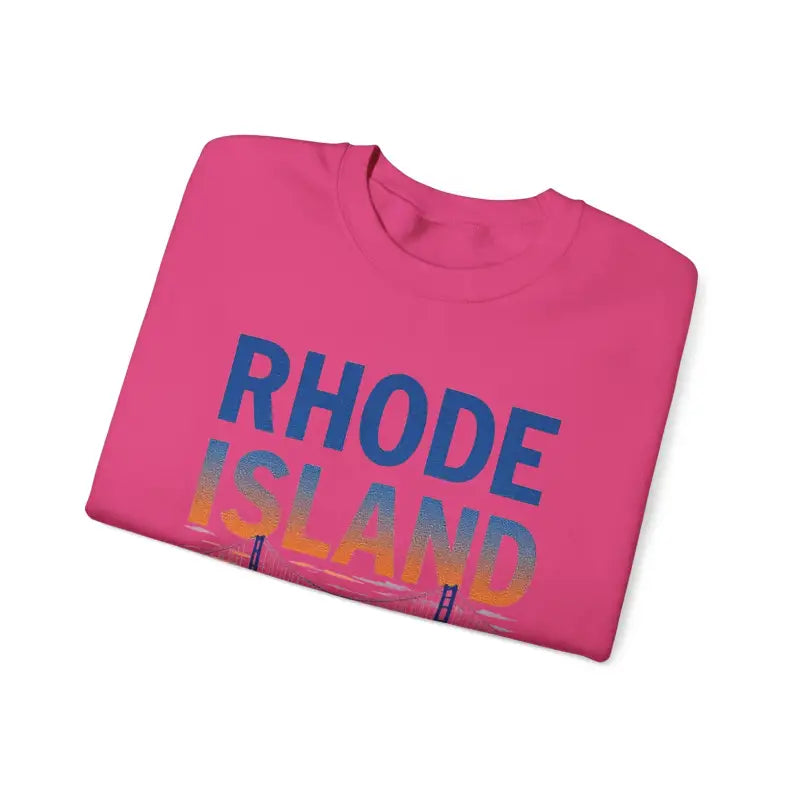 Folded pink t-shirt featured with Rhode Island Sunset Crewneck Sweatshirt in Black White and Pink