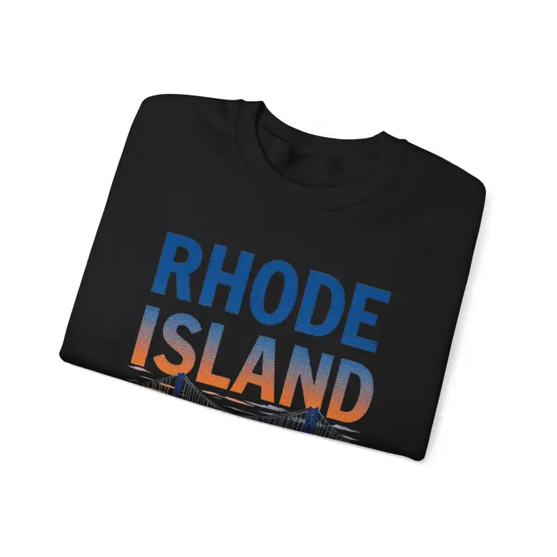 Folded black t-shirt featured in Rhode Island Sunset Crewneck Sweatshirt design