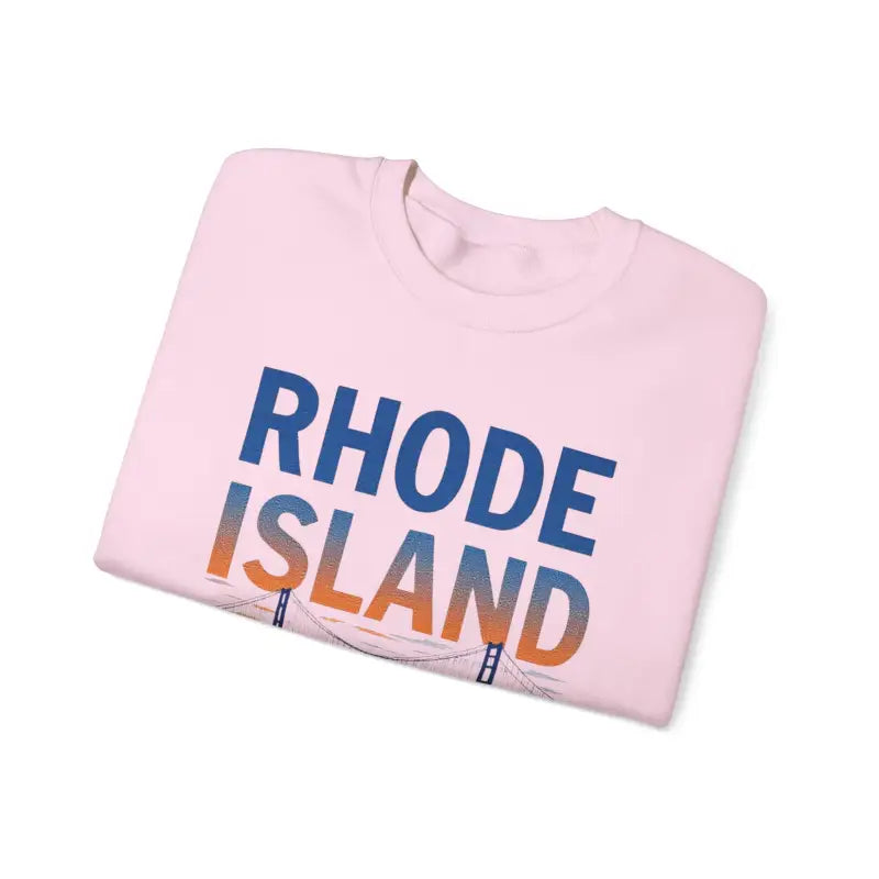 Folded pink Rhode Island t-shirt showcased with Rhode Island Sunset Crewneck Sweatshirt
