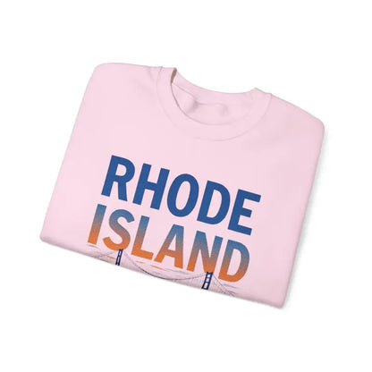 Folded pink Rhode Island t-shirt showcased with Rhode Island Sunset Crewneck Sweatshirt