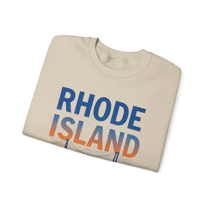 Folded Rhode Island t-shirt next to Rhode Island Sunset Crewneck Sweatshirt in black, white, and pink