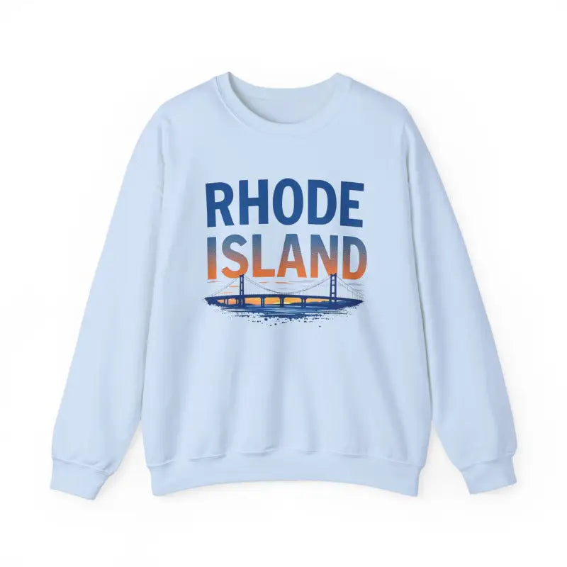 Light blue Rhode Island sweatshirt featured in crewneck design with sunset colors