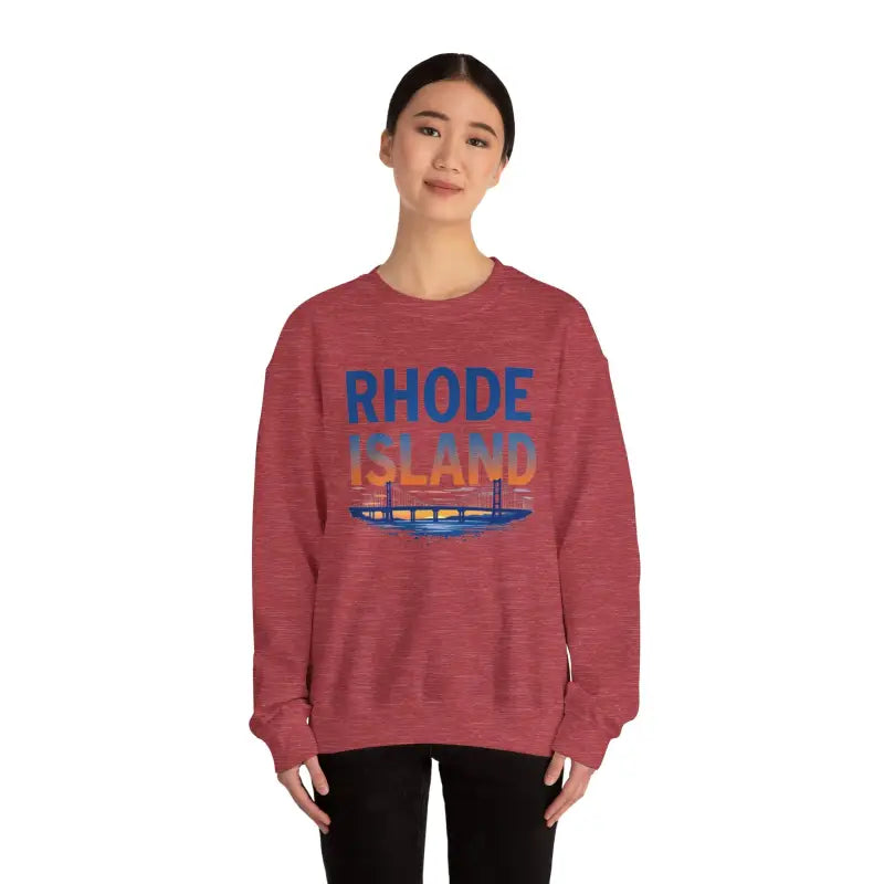 Maroon sweatshirt featuring Rhode Island design from the Sunset Crewneck collection