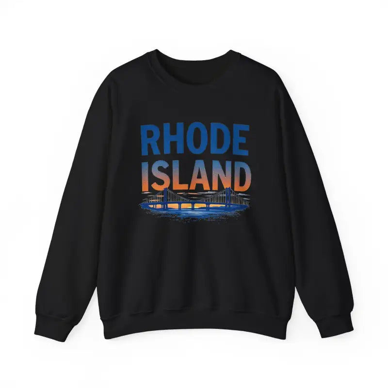 Black sweatshirt featuring Rhode Island sunset design in white and pink colors