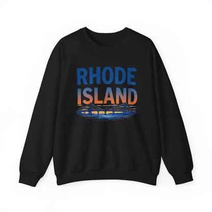 Black sweatshirt featuring Rhode Island sunset design in white and pink colors