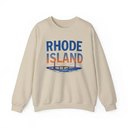 Beige sweatshirt featuring Rhode Island design from the Rhode Island Sunset Crewneck collection