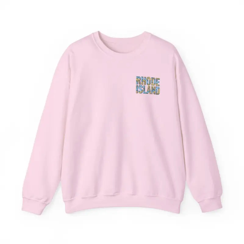 Pink sweatshirt with Rhode Island text from Rhode Island Nautical Map Sweatshirt collection