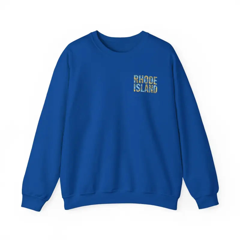 Blue Rhode Island sweatshirt featuring nautical map design for cozy nautical style