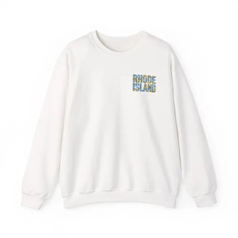 White sweatshirt displaying Rhode Island text from the Rhode Island Nautical Map Sweatshirt collection