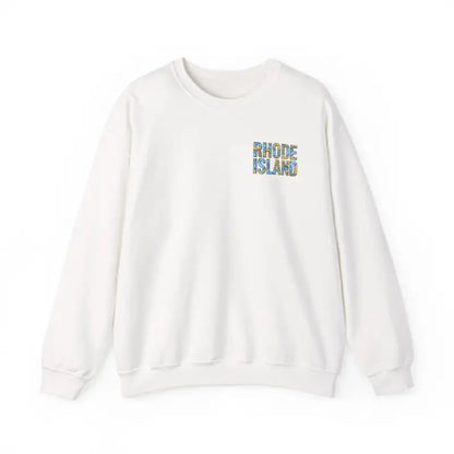 White sweatshirt displaying Rhode Island text from the Rhode Island Nautical Map Sweatshirt collection